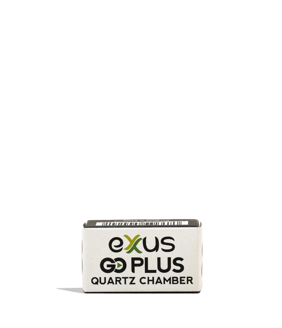 Front view of the Exxus Go Plus heating chamber replacement in its branded black and green retail packaging. This specialized coil-less quartz tank is designed specifically for the GO Plus vaporizer to ensure consistent and flavorful vapor production.