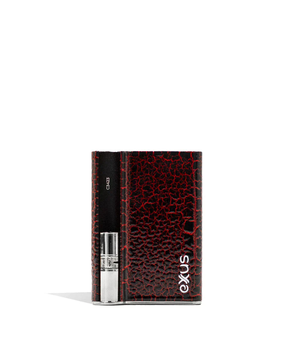 Front view of the Exxus Palm Pro cartridge vaporizer by CCELL in red and black crackle. This ultra-compact, ergonomic 510-thread battery is engineered to fit perfectly in the palm of your hand for a highly discreet and comfortable oil vaping experience.