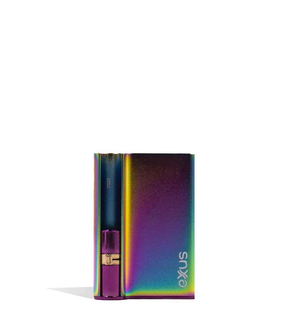 Front view of the Exxus Palm Pro cartridge vaporizer by CCELL in vibrant rainbow. This ultra-compact, ergonomic 510-thread battery is engineered to fit perfectly in the palm of your hand for a highly discreet and comfortable oil vaping experience.