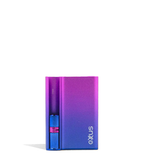 Front view of the Exxus Palm Pro cartridge vaporizer by CCELL in bright purple and blue. This ultra-compact, ergonomic 510-thread battery is engineered to fit perfectly in the palm of your hand for a highly discreet and comfortable oil vaping experience.