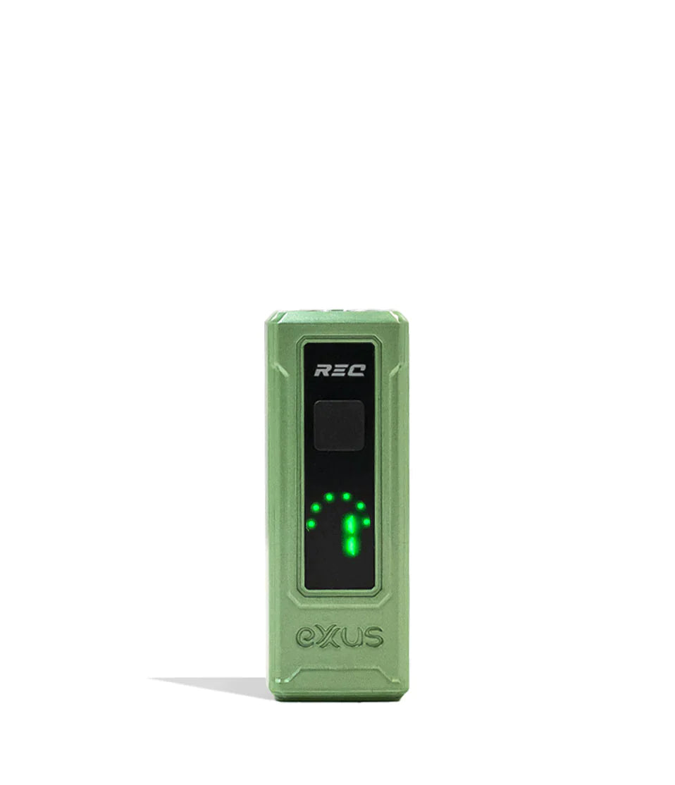 Front standing view of the Exxus REC Cartridge Vaporizer in a crypto pattern finish. This ultra-compact 510-thread battery is designed for oil cartridges and features four voltage settings along with an illuminated OLED screen.