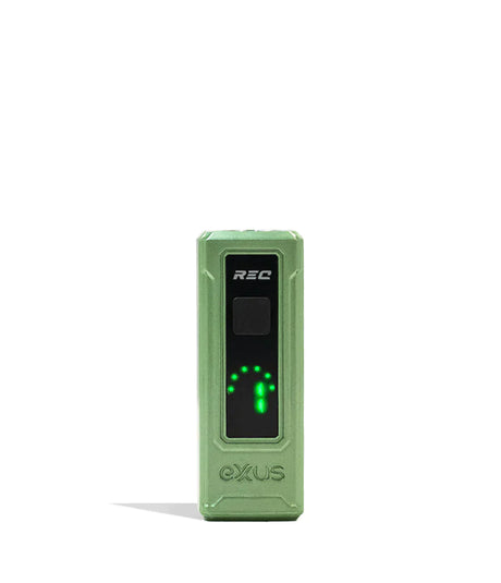 Front standing view of the Exxus REC Cartridge Vaporizer in a crypto pattern finish. This ultra-compact 510-thread battery is designed for oil cartridges and features four voltage settings along with an illuminated OLED screen.