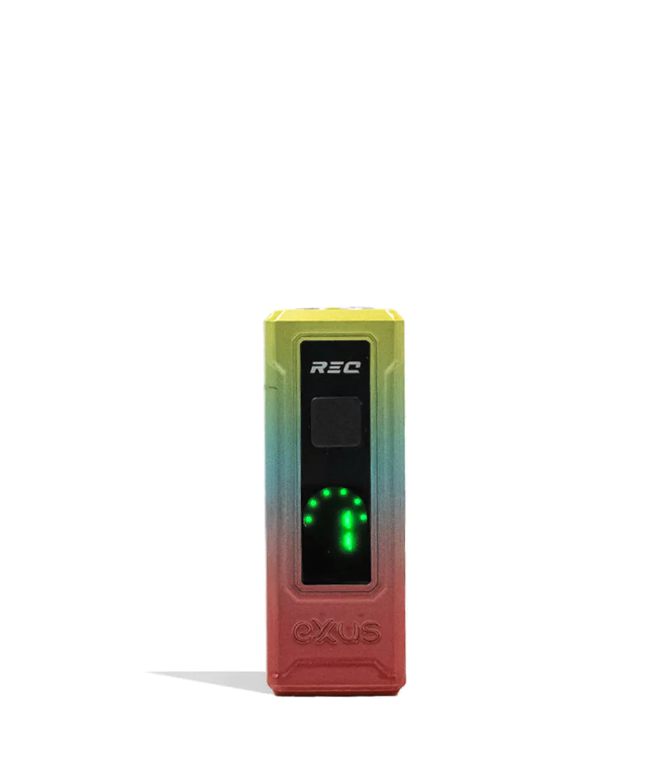 Front standing view of the Exxus REC Cartridge Vaporizer in a vibrant full color gradient. This ultra-compact 510-thread battery is designed for oil cartridges and features four voltage settings along with an illuminated OLED screen.