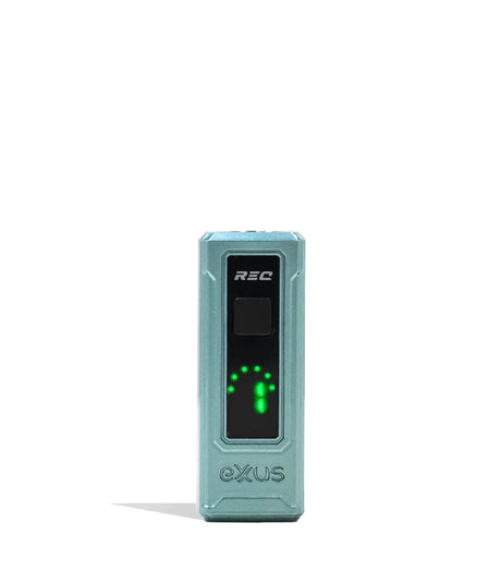 Front standing view of the Exxus REC Cartridge Vaporizer in icy glacier blue. This ultra-compact 510-thread battery is designed for oil cartridges and features four voltage settings along with an illuminated OLED screen.