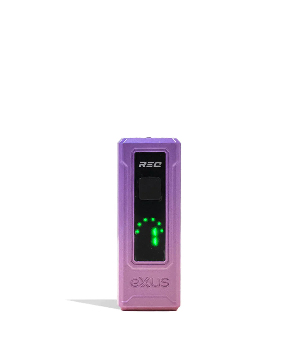 Front standing view of the Exxus REC Cartridge Vaporizer in cosmic nebula purple. This ultra-compact 510-thread battery is designed for oil cartridges and features four voltage settings along with an illuminated OLED screen.