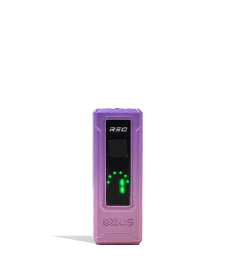 Front standing view of the Exxus REC Cartridge Vaporizer in cosmic nebula purple. This ultra-compact 510-thread battery is designed for oil cartridges and features four voltage settings along with an illuminated OLED screen.