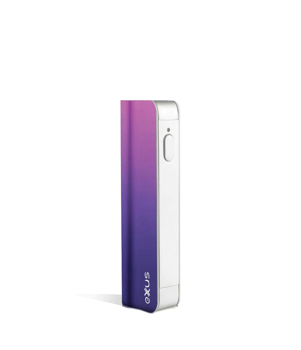 Front view of the Exxus Snap VV 650mAh cartridge vaporizer in sleek pink and purple. This compact, stealthy 510-thread battery features a recessed chamber designed to perfectly conceal and protect your favorite oil cartridges on the go.