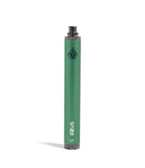 Front close-up view of a single Exxus Vape 1600mAh battery in sleek green. Powered by a robust 1600mAh capacity cell, this durable and highly reliable 510-thread pen battery ensures extended vaping sessions without the need for constant recharging.
