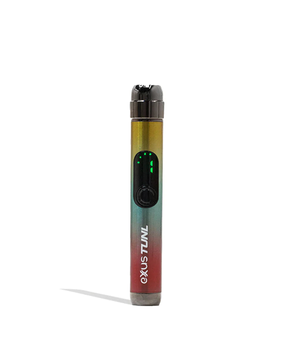 Front view of the Exxus Vape Tunl cartridge vaporizer battery in metallic rainbow. This highly compact, 510-thread battery features a unique recessed design to keep your standard oil cartridges concealed and protected while on the go.