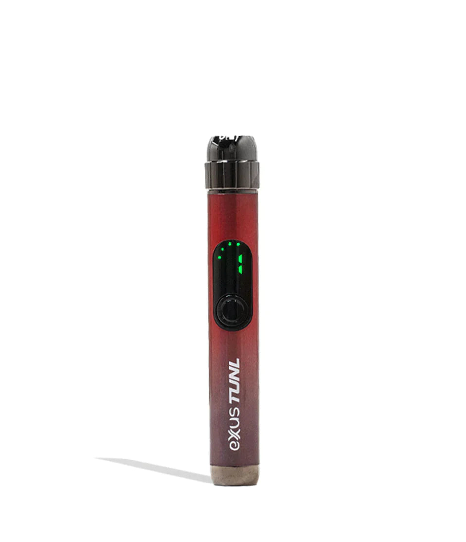 Front view of the Exxus Vape Tunl cartridge vaporizer battery in sleek matte red. This highly compact, 510-thread battery features a unique recessed design to keep your standard oil cartridges concealed and protected while on the go.