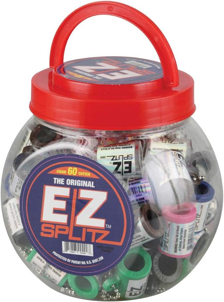 Front view of the EZ Splitz Cigar Cutter Keychain 60ct Jar showcasing a clear plastic retail display tub filled with assorted colorful pocket splitters. This high-visibility counter display is a fast-moving impulse option designed for smoke shops and dispensary checkout lanes.