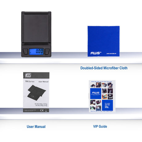 Front view of the Fast Weigh TR750 Measurement Scale retail packaging box in black, white, and blue. This professional wholesale carton clearly displays the unit's specifications, making it a fast-moving, high-margin shelf staple for dispensaries and smoke shops.