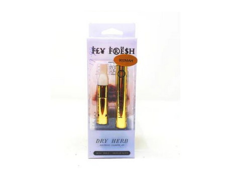 Front view of the Fly Fresh 900mAh dry leaf vaporizers in gold. This highly portable, pen-style device is designed for the efficient, combustion-free baking of your favorite ground dry herbs.