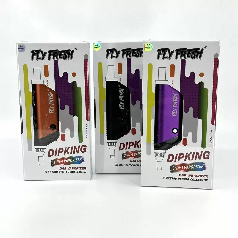 Front view of the Fly Fresh DipKing 3-in-1 dab vaporizer kit in sleek black. This highly versatile concentrate device serves as a portable nectar collector, a standard wax pen, and a convenient water pipe adapter for ultimate dabbing flexibility.