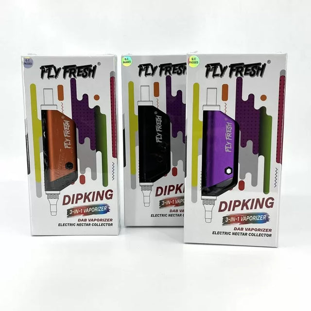 Front view of the Fly Fresh DipKing 3-in-1 dab vaporizer kit in sleek black. This highly versatile concentrate device serves as a portable nectar collector, a standard wax pen, and a convenient water pipe adapter for ultimate dabbing flexibility.