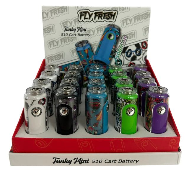 Angled front view of the multi-colored Fly Fresh Funky Mini 510 Cart Battery 20-count retail counter display box. This vibrant wholesale box showcases an assortment of compact pocket-sized vape batteries perfect for impulse retail checkout sales.