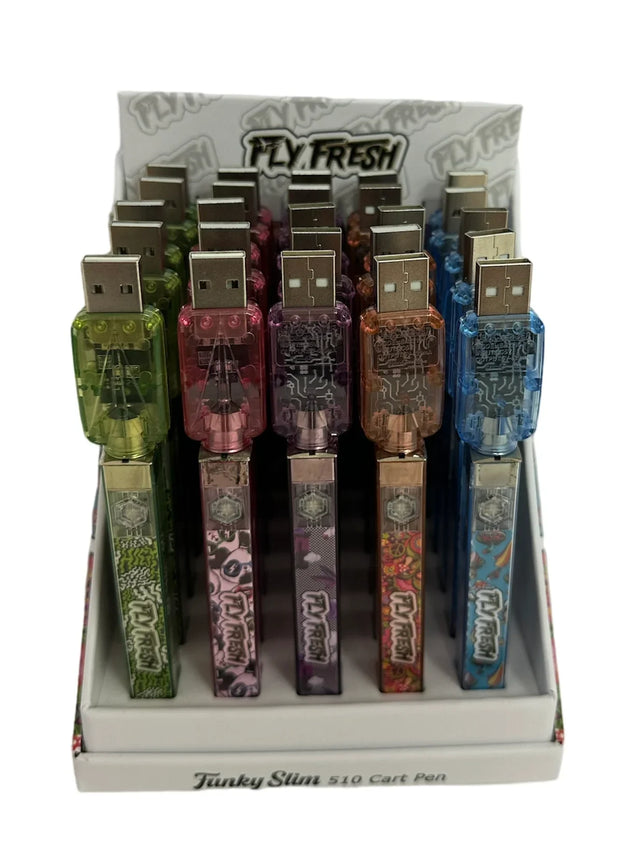 Angled front view of the multi-colored Fly Fresh Funky Slim 510 Cart Pen 25-count retail counter display box. This premium wholesale storage display case holds an array of assorted slim vape batteries, presenting a convenient point-of-purchase setup for brick-and-mortar smoke shops.
