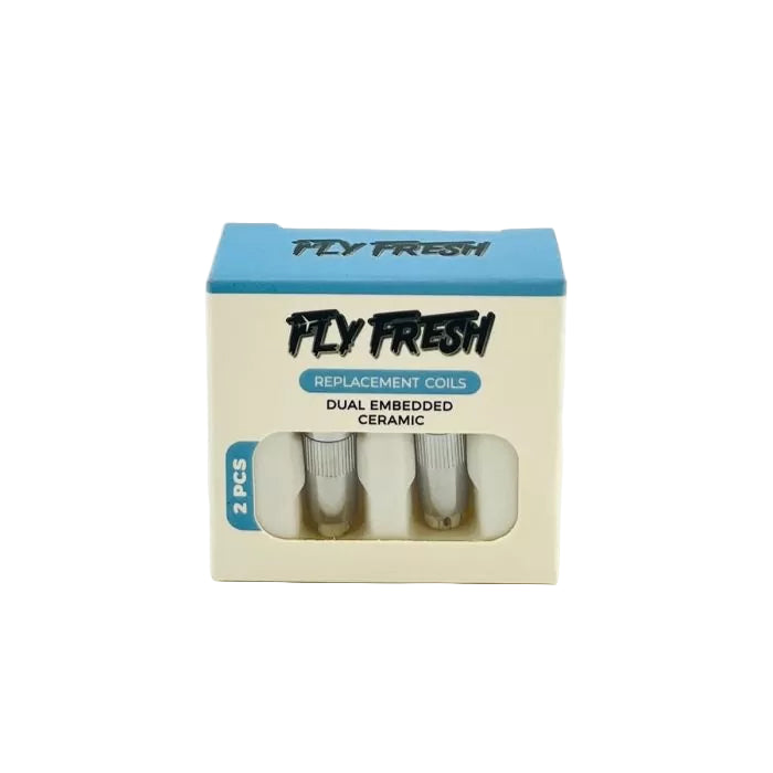 Front angled view of the Fly Fresh Pen Ceramic Replacement Coils 2-pack in silver and white. These premium replacement coils feature a dual quartz or ceramic element designed to deliver clean, pure flavor from your wax concentrates.