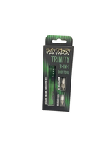 Top down overhead view of the complete Fly Fresh Trinity 3-in-1 kit laid out next to its retail packaging. This comprehensive set includes the main battery device, hot knife attachment, herb heater tip, and a USB charging cable.
