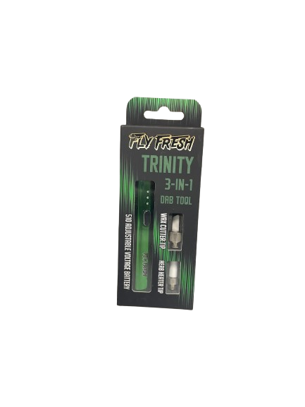 Top down overhead view of the complete Fly Fresh Trinity 3-in-1 kit laid out next to its retail packaging. This comprehensive set includes the main battery device, hot knife attachment, herb heater tip, and a USB charging cable.