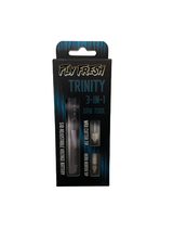 Top down overhead view of the complete Fly Fresh Trinity 3-in-1 kit laid out next to its retail packaging. This comprehensive set includes the main battery device, hot knife attachment, herb heater tip, and a USB charging cable.