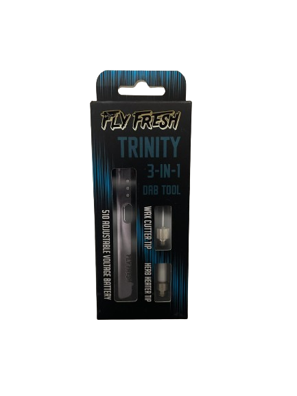 Top down overhead view of the complete Fly Fresh Trinity 3-in-1 kit laid out next to its retail packaging. This comprehensive set includes the main battery device, hot knife attachment, herb heater tip, and a USB charging cable.