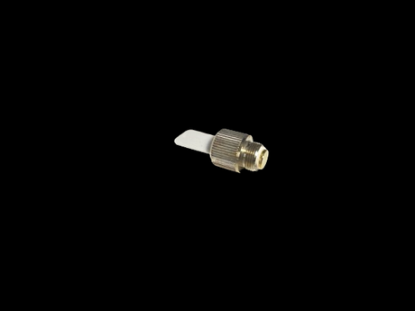 Angled overhead view of the Fly Fresh Trinity device equipped with the ceramic herb heater attachment in white and silver. This innovative coil acts as an electronic lighter to smoothly heat dry herbs without the need for an open flame.