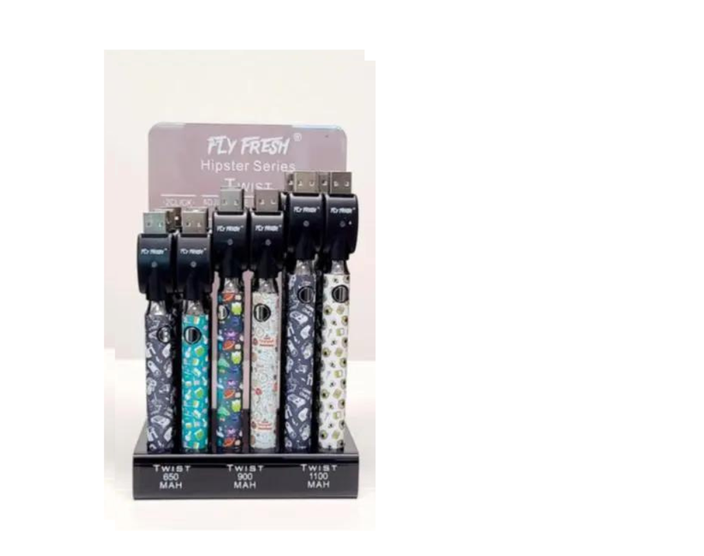 Angled front view of the Fly Fresh Twist 510 battery 24-count retail display box showing an assortment of Hipster series colors. This counter-ready wholesale display features 24 slimline stick batteries with adjustable voltage designed for standard 510-thread oil cartridges.