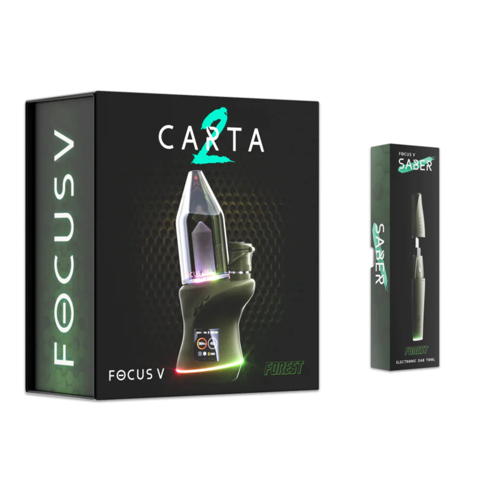 Front angled view of the Focus V Carta 2 Smart Rig in forest green. This futuristic electric dab rig features an interactive OLED display and customizable RGB lighting for a premium concentrate dabbing experience.