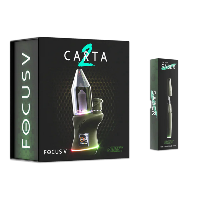 Front angled view of the Focus V Carta 2 Smart Rig in forest green. This futuristic electric dab rig features an interactive OLED display and customizable RGB lighting for a premium concentrate dabbing experience.