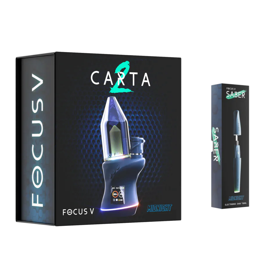 Front angled view of the Focus V Carta 2 Smart Rig in midnight blue. This futuristic electric dab rig features an interactive OLED display and customizable RGB lighting for a premium concentrate dabbing experience.