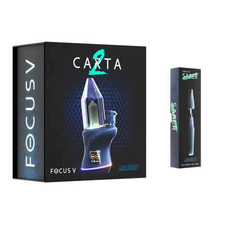 Front angled view of the Focus V Carta 2 Smart Rig in midnight blue. This futuristic electric dab rig features an interactive OLED display and customizable RGB lighting for a premium concentrate dabbing experience.