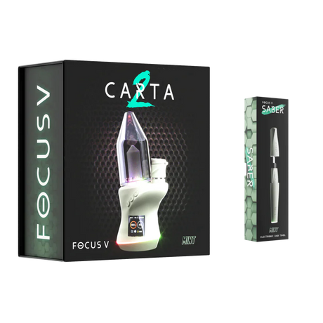 Front angled view of the Focus V Carta 2 Smart Rig in light mint green. This futuristic electric dab rig features an interactive OLED display and customizable RGB lighting for a premium concentrate dabbing experience.