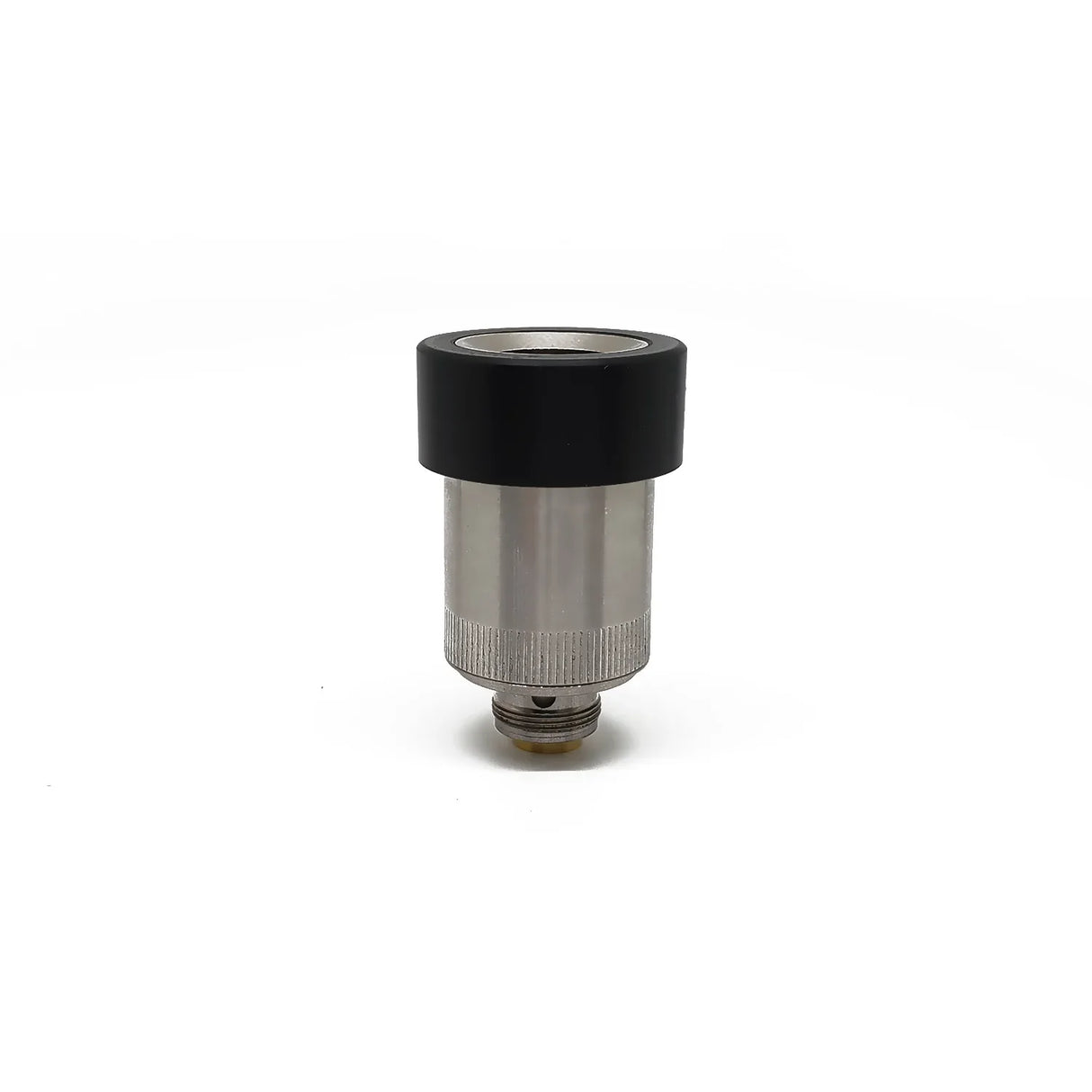Front angled view of the Focus V Carta OG Dry Herb Atomizer V2 in silver and black. This threaded replacement part features a ceramic heating chamber specifically designed to safely and smoothly vaporize dry flower in the original Carta e-rig.