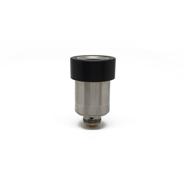 Front angled view of the Focus V Carta OG Dry Herb Atomizer V2 in silver and black. This threaded replacement part features a ceramic heating chamber specifically designed to safely and smoothly vaporize dry flower in the original Carta e-rig.
