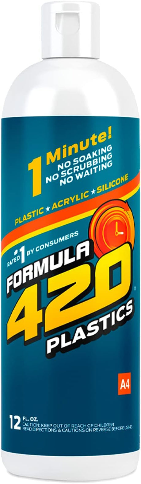Front view of the Formula 420 Silicone and Plastics Cleaner 12oz bottle in clear plastic with a vibrant light blue and white label. This specialized, non-toxic cleaning solution is specifically formulated to safely and instantly remove heavy resin buildup from silicone and acrylic pipes without degrading the material.