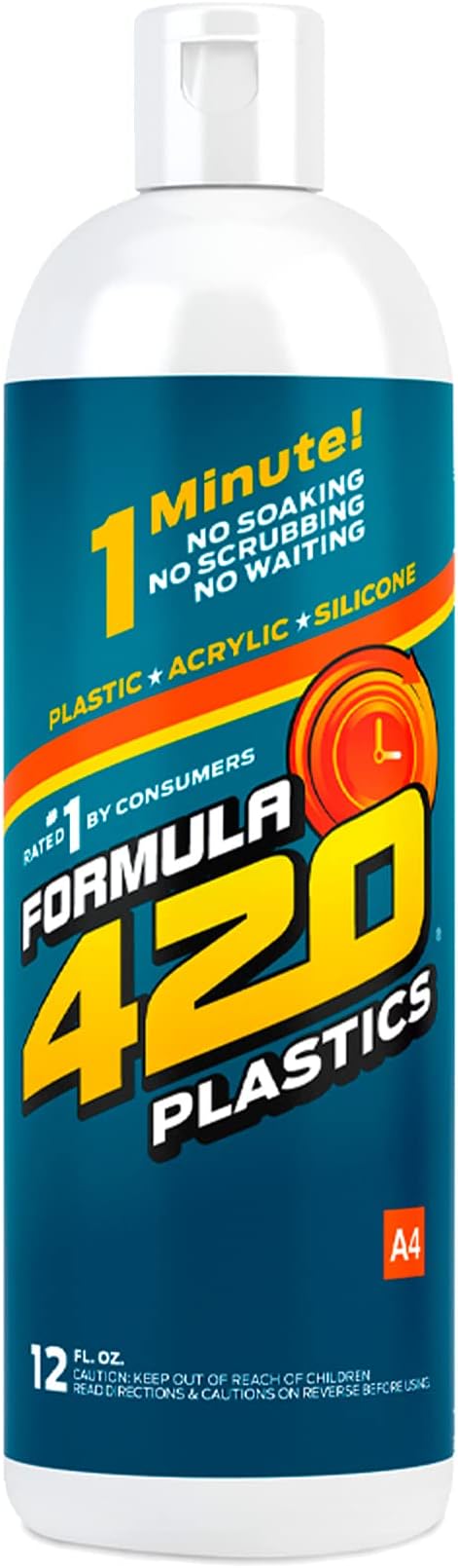 Front view of the Formula 420 Silicone and Plastics Cleaner 12oz bottle in clear plastic with a vibrant light blue and white label. This specialized, non-toxic cleaning solution is specifically formulated to safely and instantly remove heavy resin buildup from silicone and acrylic pipes without degrading the material.