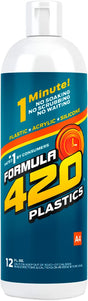 Front view of the Formula 420 Silicone and Plastics Cleaner 12oz bottle in clear plastic with a vibrant light blue and white label. This specialized, non-toxic cleaning solution is specifically formulated to safely and instantly remove heavy resin buildup from silicone and acrylic pipes without degrading the material.