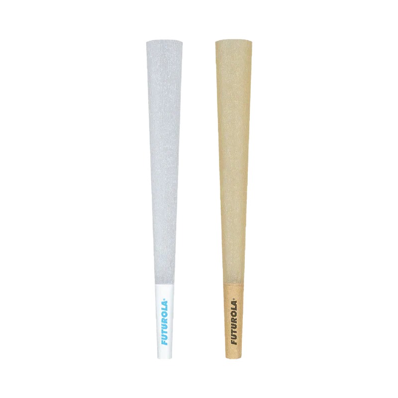 Close-up side profile view of a single Futurola 109mm pre-rolled cone highlighting the integrated paper filter tip and crisp white crown. This durable filter crutch prevents loose botanical particles from passing through while maintaining optimal airflow.