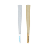 Close-up side profile view of a single Futurola 109mm pre-rolled cone highlighting the integrated paper filter tip and crisp white crown. This durable filter crutch prevents loose botanical particles from passing through while maintaining optimal airflow.
