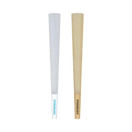 Close-up side profile view of a single Futurola 109mm pre-rolled cone highlighting the integrated paper filter tip and crisp white crown. This durable filter crutch prevents loose botanical particles from passing through while maintaining optimal airflow.