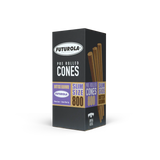 Front view of the Futurola Slim Size 98mm cones 800-count bulk storage box in Classic White. Handcrafted with organic Arabic gum, these premium slim pre-rolled cones are engineered to ensure an even, slow-burning experience.