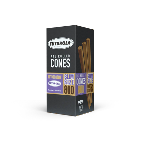 Front view of the Futurola Slim Size 98mm cones 800-count bulk storage box in Classic White. Handcrafted with organic Arabic gum, these premium slim pre-rolled cones are engineered to ensure an even, slow-burning experience.