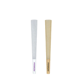 Close-up side profile view of a single Futurola 98mm slim pre-rolled cone highlighting the integrated 26mm filter tip. The sturdy paper crutch blocks loose botanical debris while maintaining optimal airflow and structural support.