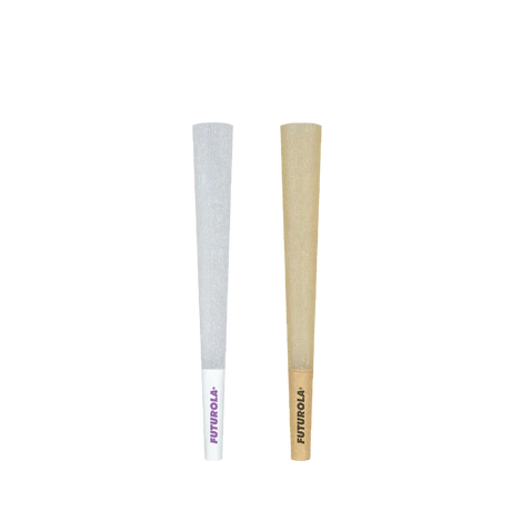 Close-up side profile view of a single Futurola 98mm slim pre-rolled cone highlighting the integrated 26mm filter tip. The sturdy paper crutch blocks loose botanical debris while maintaining optimal airflow and structural support.
