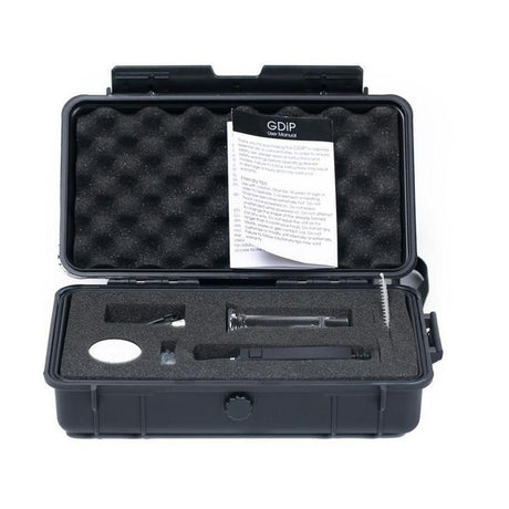 Front view of the G9 Greenlightvapes G-Dip vaporizer kit in black fully assembled with the glass bubbler. This versatile 2-in-1 device functions as both a portable dab pen and an electronic nectar collector for concentrates.