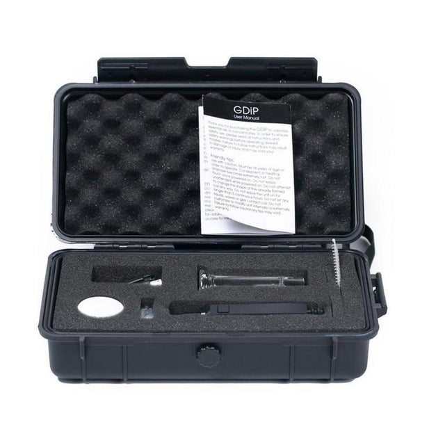 Front view of the G9 Greenlightvapes G-Dip vaporizer kit in black fully assembled with the glass bubbler. This versatile 2-in-1 device functions as both a portable dab pen and an electronic nectar collector for concentrates.