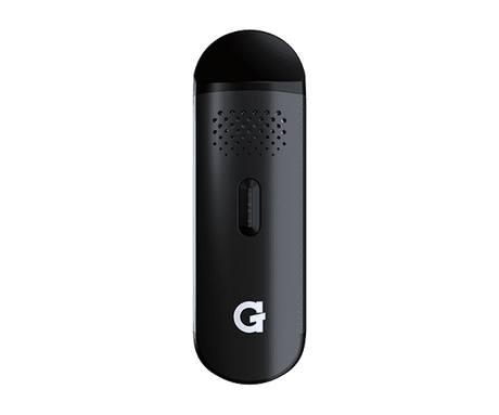 Front view of the G Pen Dash dry herb vaporizer in sleek matte black. This ultra-compact, lightweight device is perfectly sized to fit in your palm or pocket, offering discreet, high-performance vaporization for your favorite loose leaf flower.