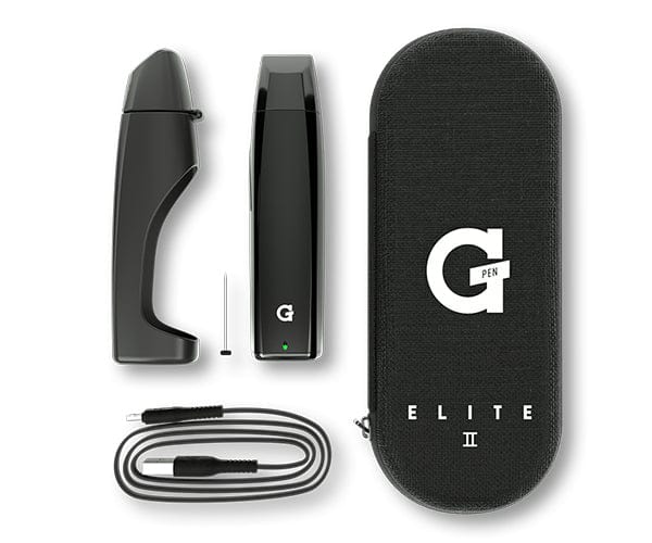 Overhead view of the G Pen Elite II vaporizer in matte black displayed inside its custom brown hemp travel case with a USB-C fast charger and packing tool. This premium zippered kit ensures full protection for all components on the move.