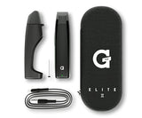 Overhead view of the G Pen Elite II vaporizer in matte black displayed inside its custom brown hemp travel case with a USB-C fast charger and packing tool. This premium zippered kit ensures full protection for all components on the move.